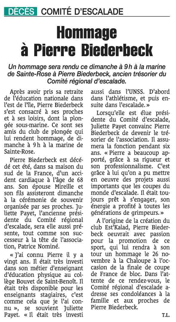 PIERRE BIEDERBECK ARTICLE QUOTIDIEN